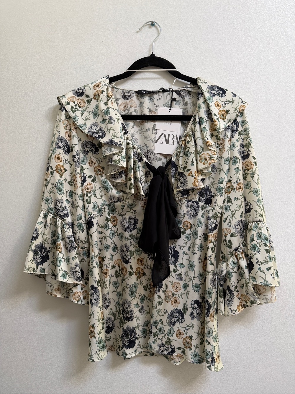 Zara Cream Floral Tie-Neck Ruffle Blouse with Black Bow